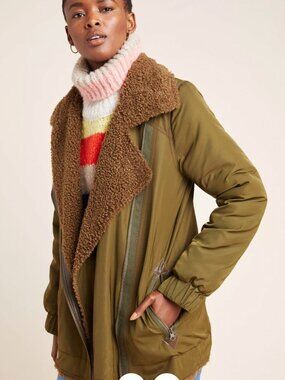 ANTHROPOLOGIE Joni Oversized Sherpa Lined Longline Moto Olive Jacket LIKE NEW XS